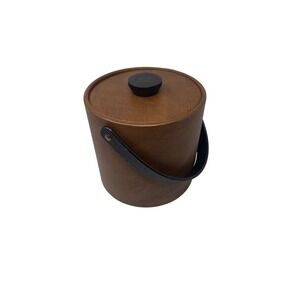 Vintage Mid Century Modern Brown Faux Leather Insulated Ice Bucket with Handle